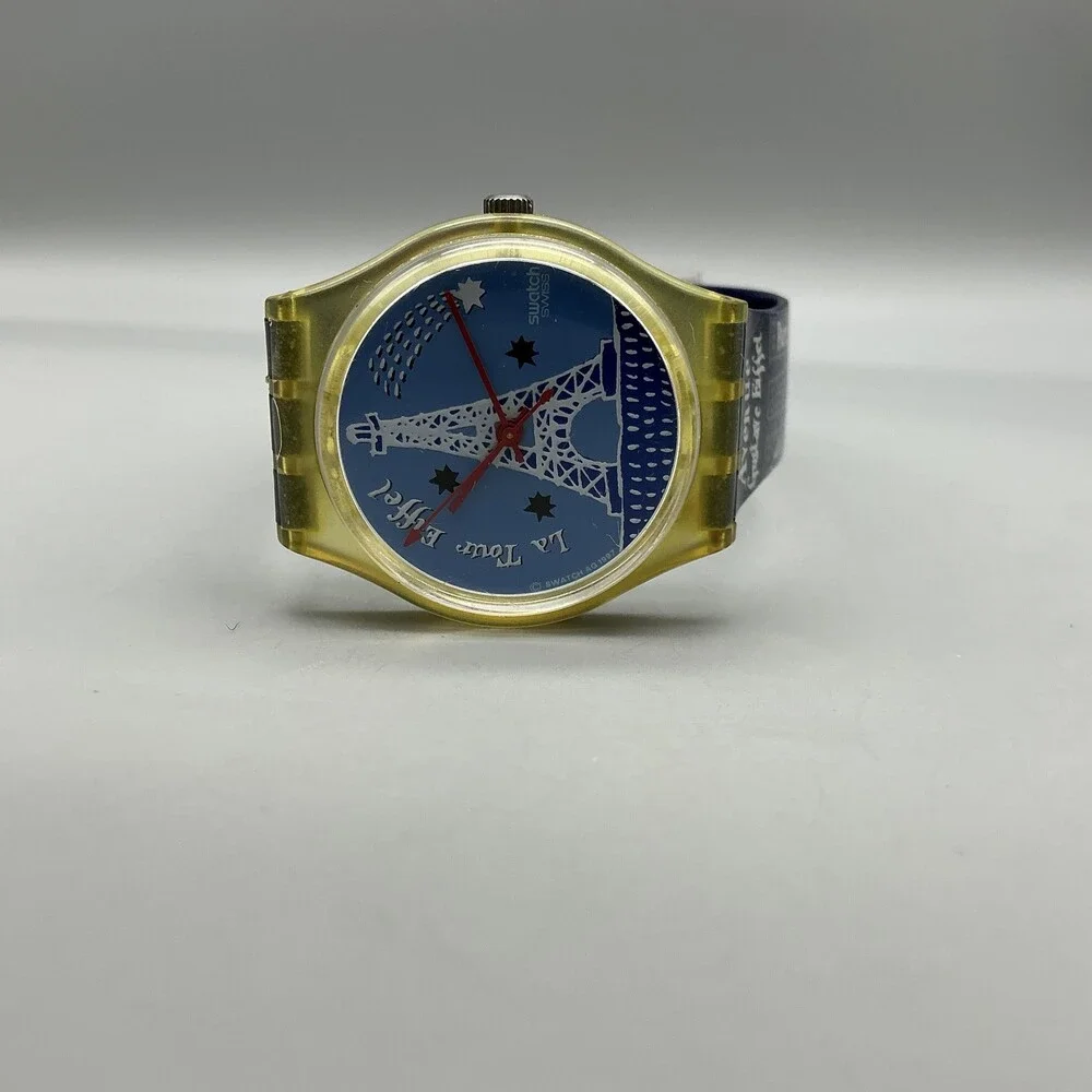 Swatch Gent Titi Parisien Womens Watch 34mm Blue Dial Blue Strap New Battery